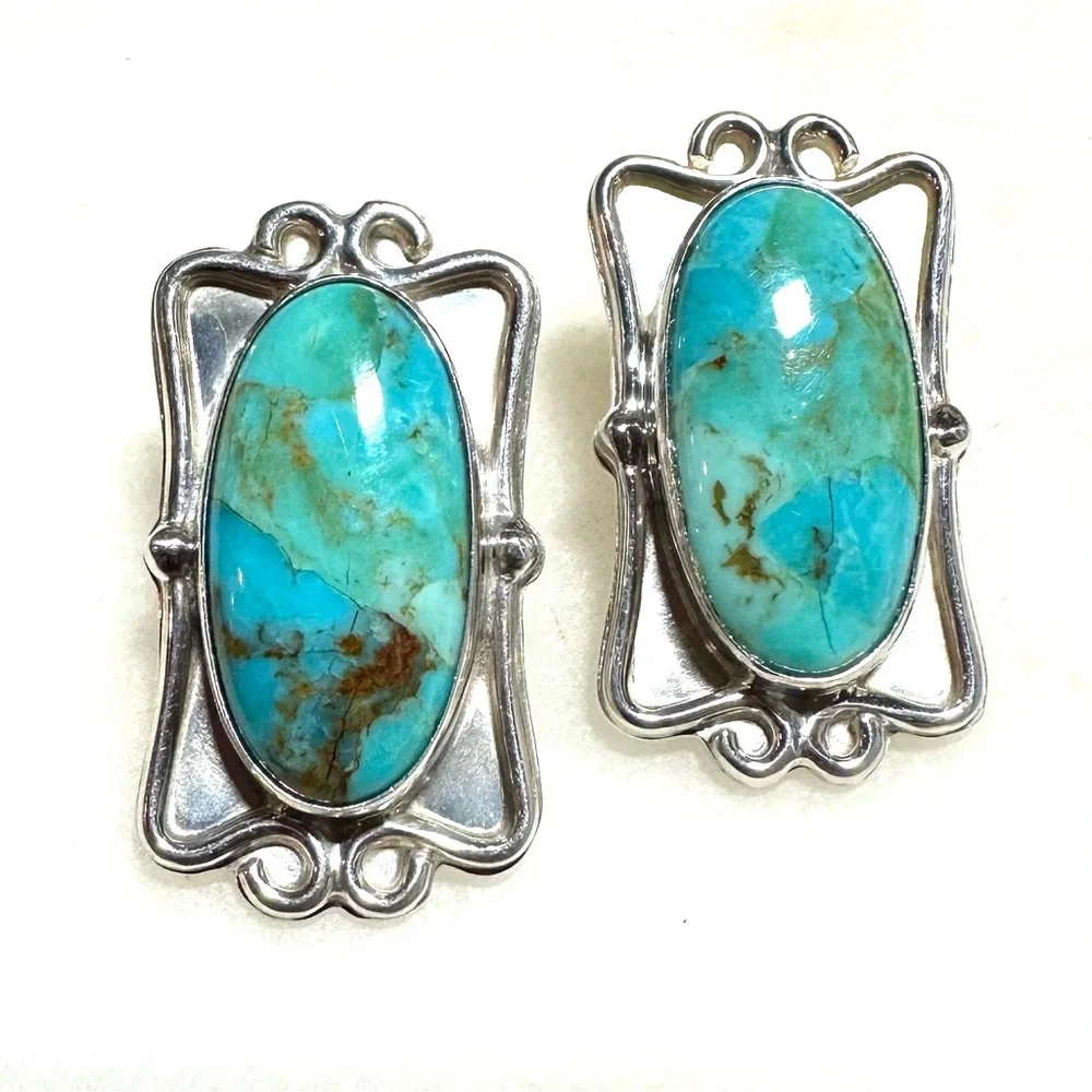 Jay King Turquoise Cabochon Scrollwork Sterling Silver Post Earrings